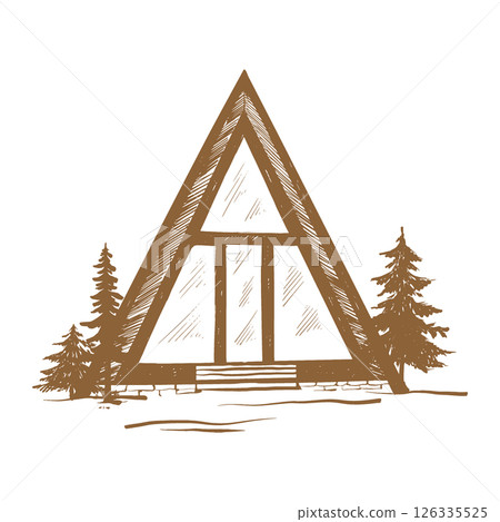Triangular house A-frame hut and tree fir vector illustration in linear drawing style. Outdoor activity travel, tourism. Hand drawn engraved illustration. Remote house in the wilderness and forest for Triangular house A-frame hut and tree fir vector illustration in linear drawing style. Outdoor activity travel, tourism. Hand drawn engraved illustration. Remote house in the wilderness and forest for 126335525