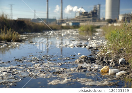 River pollution with trash and debris floating on the water surface in natural environment 126335539