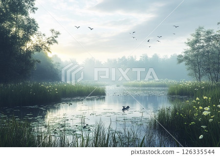 Bird flying over a serene lake surrounded by trees and reflected sky 126335544