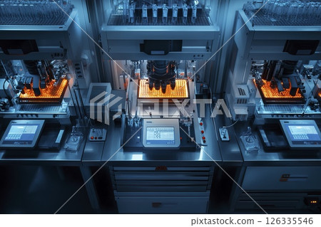 Group of industrial machines processing and shaping a large piece of metal in a factory setting Group of industrial machines processing and shaping a large piece of metal in a factory setting 126335546