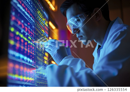 Man in lab coat analyzing data on computer screen in modern laboratory environment 126335554