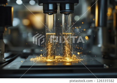 Industrial machine processing large quantities of gold metal and resources in a factory setting 126335582