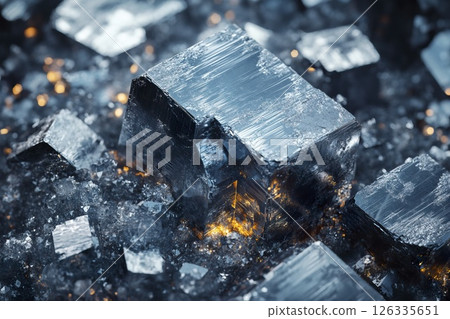 Close up view of a pile of ice crystals on a dark background showcasing intricate details 126335651