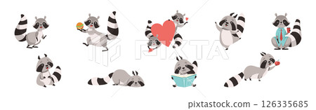Funny Raccoon Animal Character with Ringed Tail Vector Set 126335685