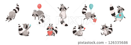 Funny Raccoon Animal Character with Ringed Tail Vector Set 126335686