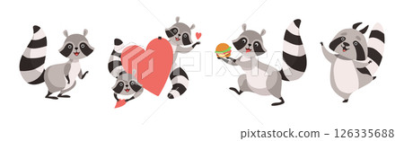 Funny Raccoon Animal Character with Ringed Tail Vector Set 126335688