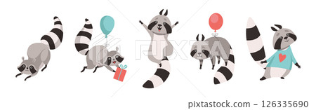 Funny Raccoon Animal Character with Ringed Tail Vector Set 126335690