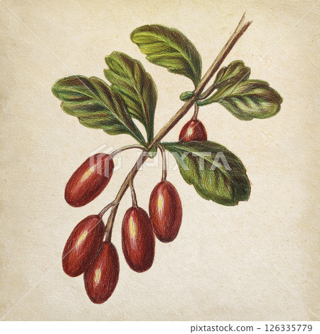 Generative AI illustration of a branch with barberry berries. Red barberry berries on yellowed vintage paper background. Berberis vulgaris, berberis thunbergii or European barberry 126335779