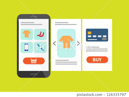 Shopping in Mobile phones with user interface elements. Vector illustration. Stock Illustration 126335797