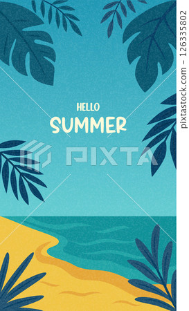 Hello Summer. Vector Beach Illustration with Tropical Leaves, Sea and Sand. Flat Cartoon Vector Background for Seasonal Poster, Travel Banner, Holiday Card, Vacation Concept, Summer Greeting Design 126335802