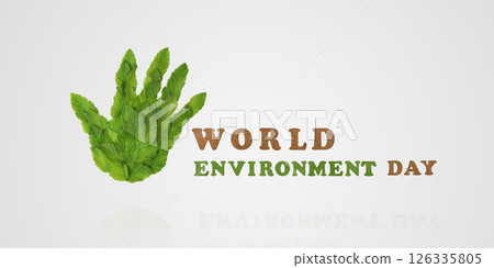 Mockup of the hand palm is made of green leaf on gray background. Beat plastic pollution. World Environment day concept, 05 June. Ecology concept. 126335805