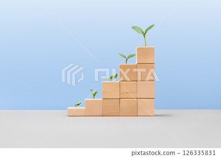 Wooden blocks in form of graphical steps up and young green seedling are growing of business growth process, start-up, business goals management, sustainable financial plan. 126335831