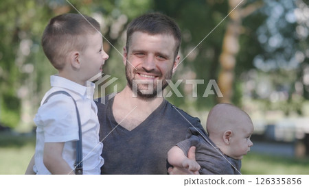 Joyful father portrait with a small child in a summer park 126335856