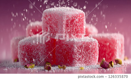 Pink Turkish delights with mint leaves and rose petals on reflective surface at sunset 126335870