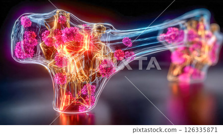 Hyper-detailed rendering of inflamed joints with glowing red and purple clusters, representing medical or biological inflammation 126335871