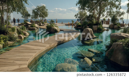 A serene seaside resort scene with a winding wooden path over turquoise water surrounded by rocks, greenery, and people relaxing 126335872