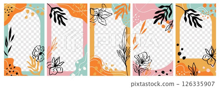Abstract floral designs. Stories templates, social media apps decorative frames, trendy shapes backgrounds, tropical botanical borders, transparent layer, vertical minimal garish vector set 126335907