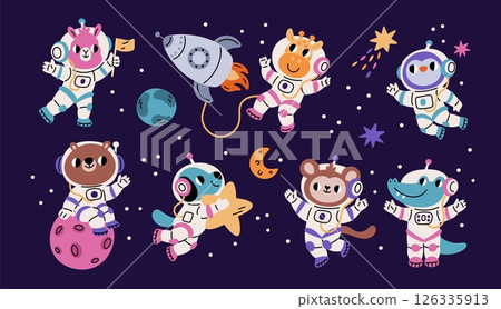 Cartoon animals astronauts. Cute fauna characters in space suits, kids funny mascots, zero gravity, giraffe in spacesuit, llama, bear, star and planets, comic isolated garish vector set 126335913