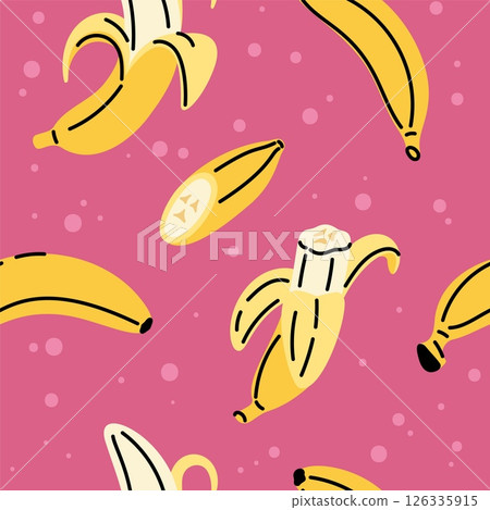 Cartoon banana seamless pattern. Cut and whole sweet fruits with yellow peel, repeated organic food elements. Decor textile, wrapping paper, wallpaper. Print for fabric garish vector background 126335915