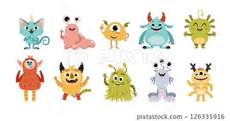 Cartoon funny monsters. Fluffy little creations, color cute demons with fangs and horns, smiling mascots, doodle creepy characters. Alien comic style, childish tidy vector isolated set Cartoon funny monsters. Fluffy little creations, color cute demons with fangs and horns, smiling mascots, doodle creepy characters. Alien comic style, childish tidy vector isolated set 126335916