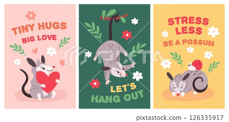 Cartoon possum cards. Funny opossum with cute inscriptions, wild animal cute character, happy mascot, fluffy marsupial rodent, childish prints and posters, smiling mammals garish vector set Cartoon possum cards. Funny opossum with cute inscriptions, wild animal cute character, happy mascot, fluffy marsupial rodent, childish prints and posters, smiling mammals garish vector set 126335917
