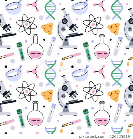 Chemistry tools seamless pattern. Scientific laboratory equipment, repeated test tubes, flasks and microscopes. Textile, wrapping paper, wallpaper. Print for fabric garish vector background Chemistry tools seamless pattern. Scientific laboratory equipment, repeated test tubes, flasks and microscopes. Textile, wrapping paper, wallpaper. Print for fabric garish vector background 126335919