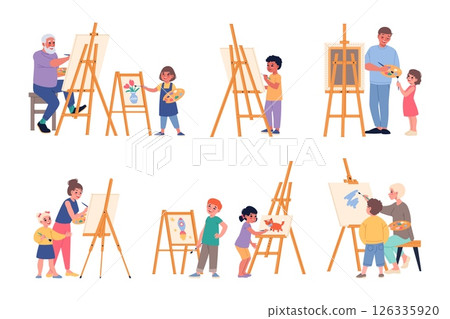 Children with easels. Little art students with teachers, artists paint pictures, painting lesson process, painters work. Boys and girls drawing cartoon flat isolated classy vector set Children with easels. Little art students with teachers, artists paint pictures, painting lesson process, painters work. Boys and girls drawing cartoon flat isolated classy vector set 126335920