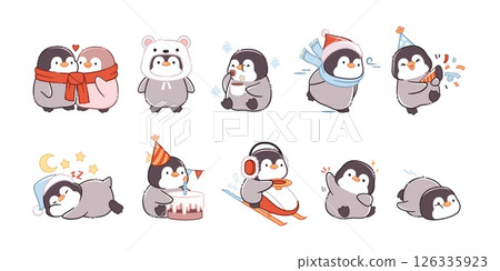 Cute penguin character. Funny little northern bird, kawaii winter mascot, different actions, emotions and poses. Antarctic adorable cartoon animal isolated stickers tidy vector comic set Cute penguin character. Funny little northern bird, kawaii winter mascot, different actions, emotions and poses. Antarctic adorable cartoon animal isolated stickers tidy vector comic set 126335923