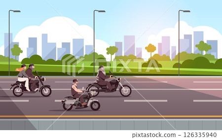Motorbike riders. Bikers group on city highway, rockers on motorcycles, rocker people in leather jackets driving along road, urban landscape, cartoon flat isolated tidy vector concept 126335940