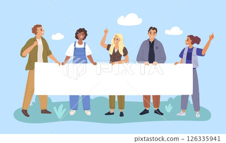 People group holding long blank banner. Public demands, protesters with placard, demonstration of disagreement, characters together cartoon flat style garish vector concept 126335941
