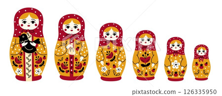 Russian doll. Collapsible, wooden opening toy, matrioshka bundle, traditional flower patterned decor, decorative woman figurines, gradually decreasing, cartoon isolated garish vector set Russian doll. Collapsible, wooden opening toy, matrioshka bundle, traditional flower patterned decor, decorative woman figurines, gradually decreasing, cartoon isolated garish vector set 126335950