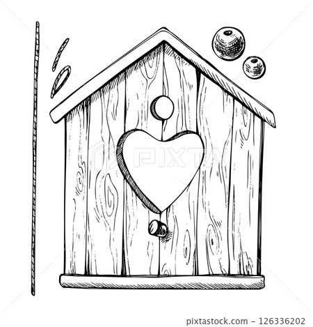 Birdhouse wooden, hanging with a hole in the shape of a heart with a rope and beads. Graphic line art hand drawn with ink black and white illustration. Set of elements isolated Vector clip art 126336202