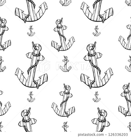 Wooden, striped anchors of coral and yellow color with rope. Watercolor illustration. Seamless pattern on a white background from the SEA FISHING collection. For fabric, textiles, wallpaper, paper 126336203