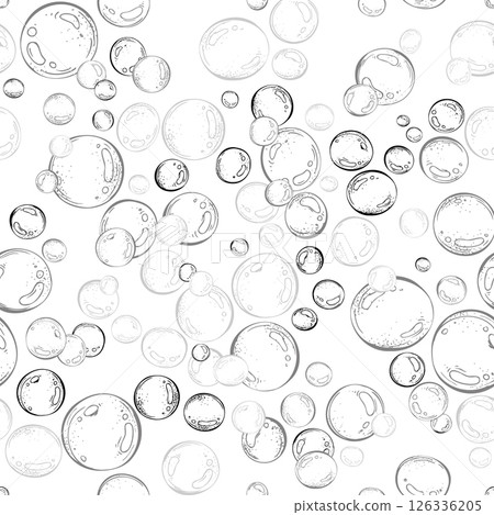 Blue water bubbles of different sizes and tones in a chaotic order. Graphic linear drawing, hand drawn in black and white monochrome. nautical. Seamless pattern Blue water bubbles of different sizes and tones in a chaotic order. Graphic linear drawing, hand drawn in black and white monochrome. nautical. Seamless pattern 126336205