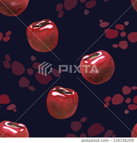 Red, ripe cherries, individual berries with drops of juice. Watercolor hand-drawn illustration on the theme of fruits, food and desserts. Seamless pattern, ornament on a dark blue background 126336209