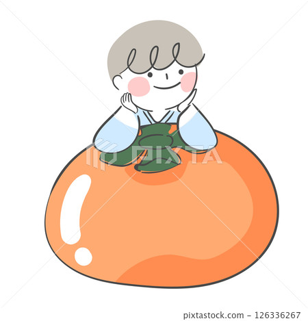 Character illustration of a child resting his chin on a large persimmon 126336267