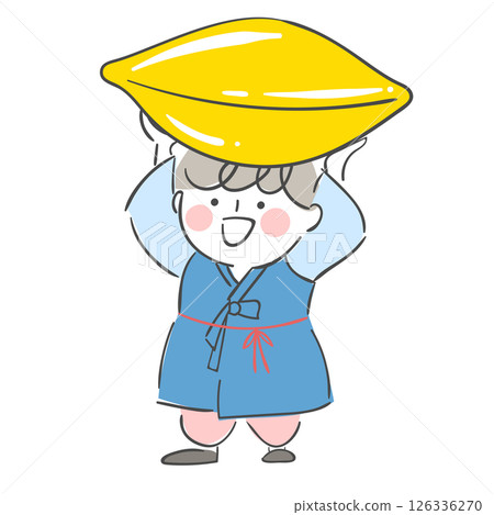 Character illustration of a child holding a songpyeon in hanbok 126336270