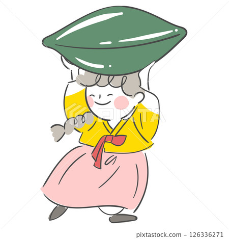 Character illustration of a child holding a songpyeon in hanbok 126336271