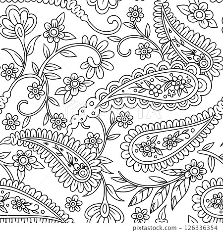 seamless pattern of paisley ornament. vector line illustration. outline 126336354