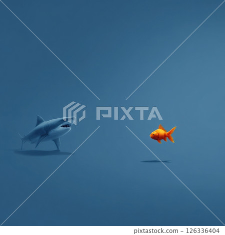 Small goldfish bravely facing a shark 126336404