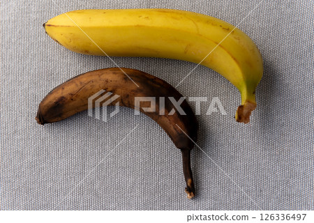 yellow ripe banana and one overripe brown banana on grey background. 126336497