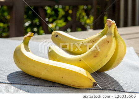 bananas on the table on terrace with early morning sunlight shines through bananas on the table on terrace with early morning sunlight shines through 126336500
