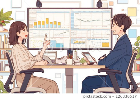 女商人指著螢幕談論業務績效趨勢_圖 1 126336517