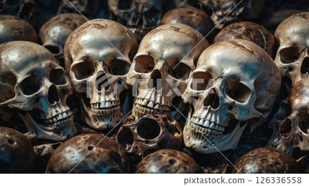 Haunting collection of realistic human skulls arranged in rows, showcasing intricate bone detail and weathered patina with dramatic lighting highlighting teeth and eye sockets against dark background 126336558