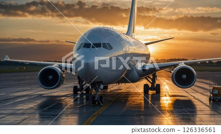 An airplane is currently parked on a wet runway during sunset hours 126336561