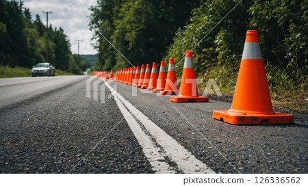 There is a row of bright orange traffic cones placed along the side of a road 126336562