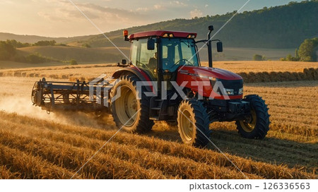 A red tractor works a golden field at sunset, stirring up dust as it prepares the land for harvest, with a forest line in the background under a warm, glowing sky 126336563