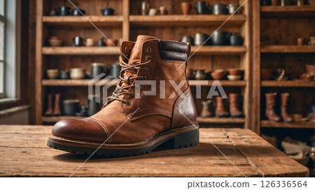 brown leather work boot with cap toe detail and rugged sole photographed in traditional cobbler workshop. Vintage wooden shelves with pottery collection create atmospheric background 126336564