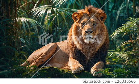 In the center of a lush green forest, a lion is proudly standing 126336566