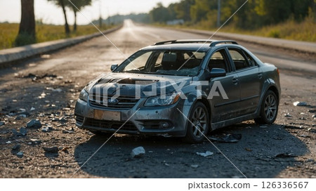 A damaged car is currently sitting on the side of the road 126336567